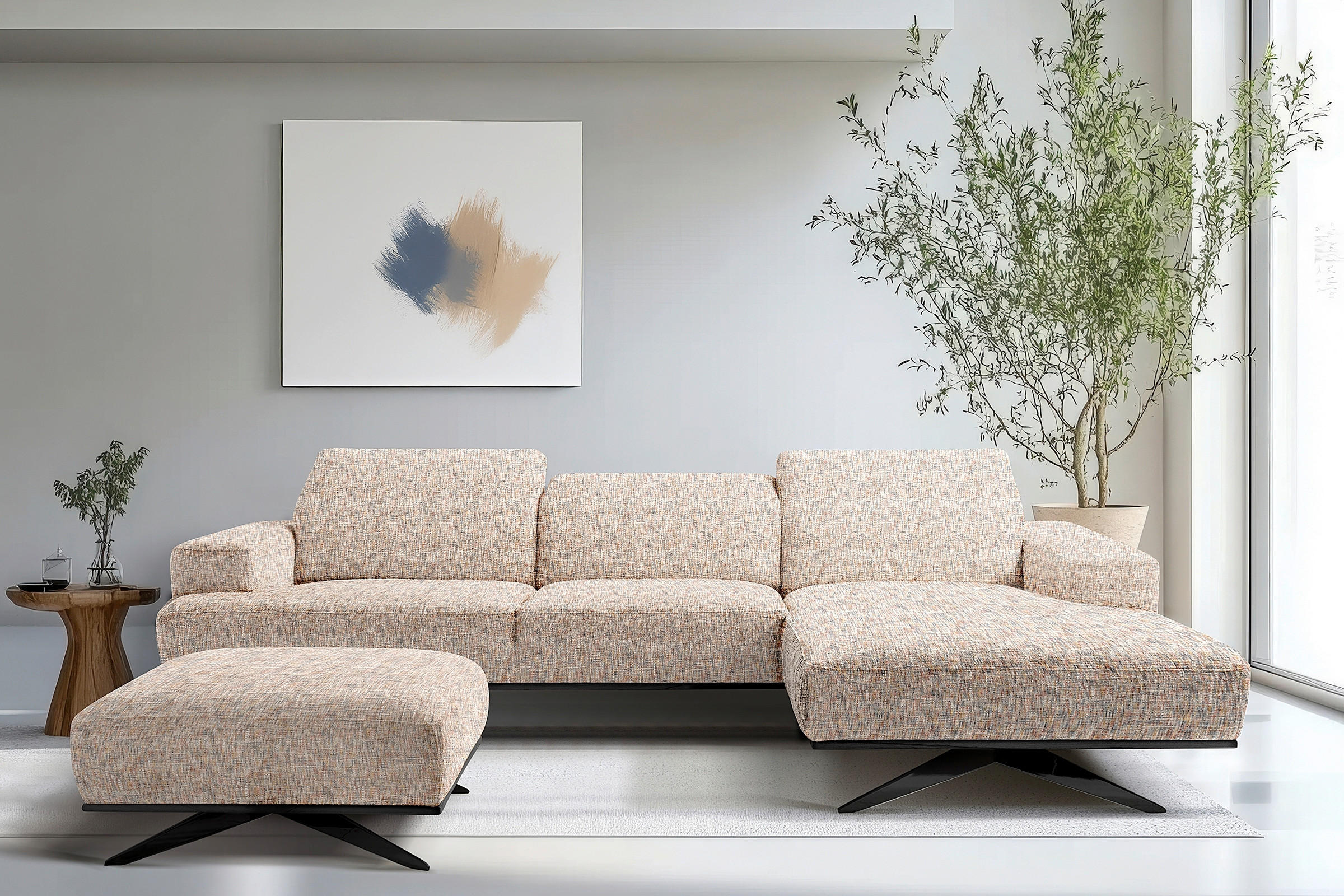 ECKSOFA PORTLAND in Struktur Blau, Gelb, Rot, Weiß Kopfteilverstellung  295/187 cm  - Blau/Gelb, Design, Holz/Textil (295/187cm) - Livetastic
