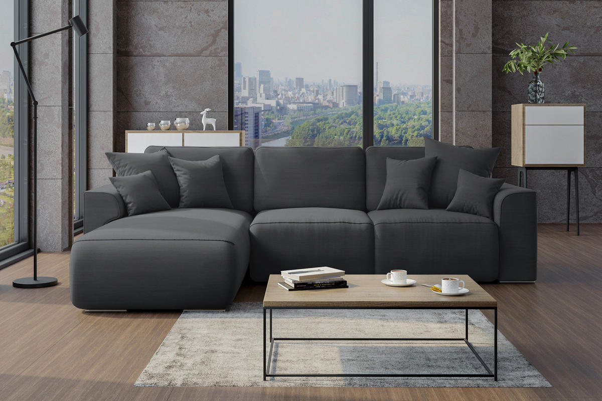 ECKSOFA in Cord Dunkelgrau  - Chromfarben/Dunkelgrau, Konventionell, Kunststoff/Textil (195/293cm) - MID.YOU