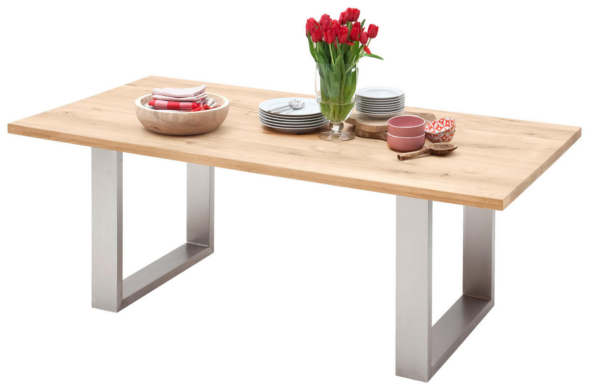 ESSTISCH Balkeneiche massiv rechteckig  - Edelstahlfarben, Design, Holz/Metall (200/100/77cm) - Livetastic