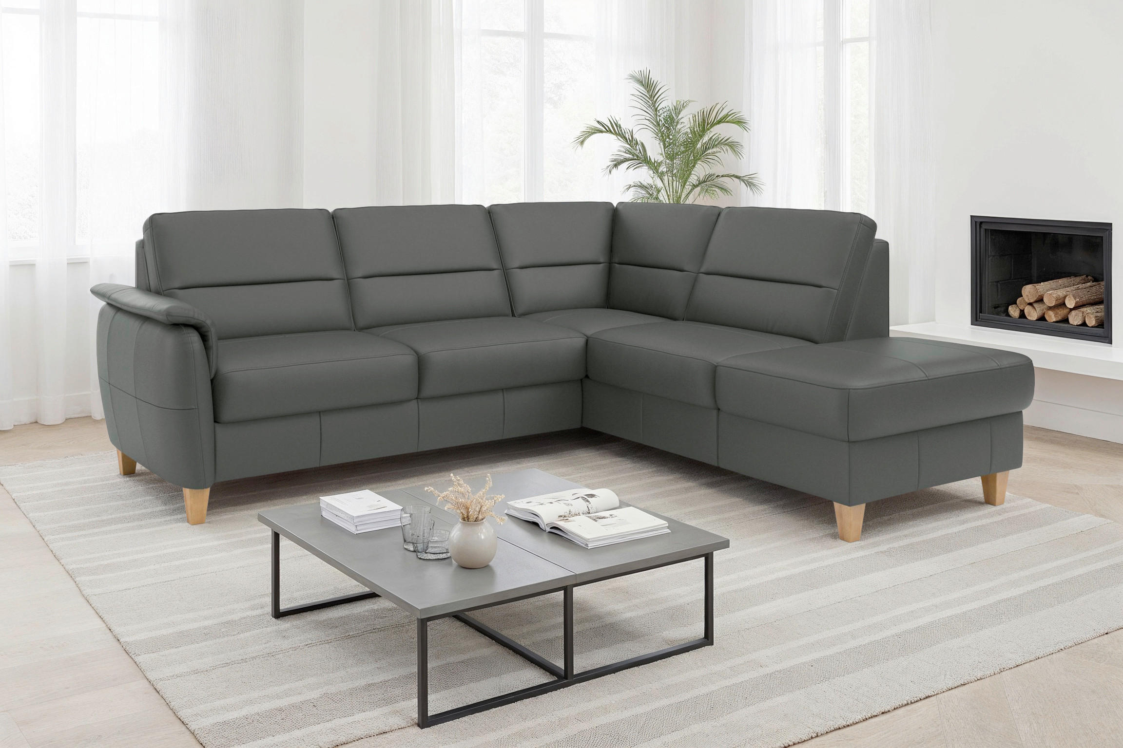 ECKSOFA PALMERA E in Echtleder Anthrazit  236/212 cm  - Eichefarben/Anthrazit, Basics, Leder/Holz (236/212cm) - Sit & More