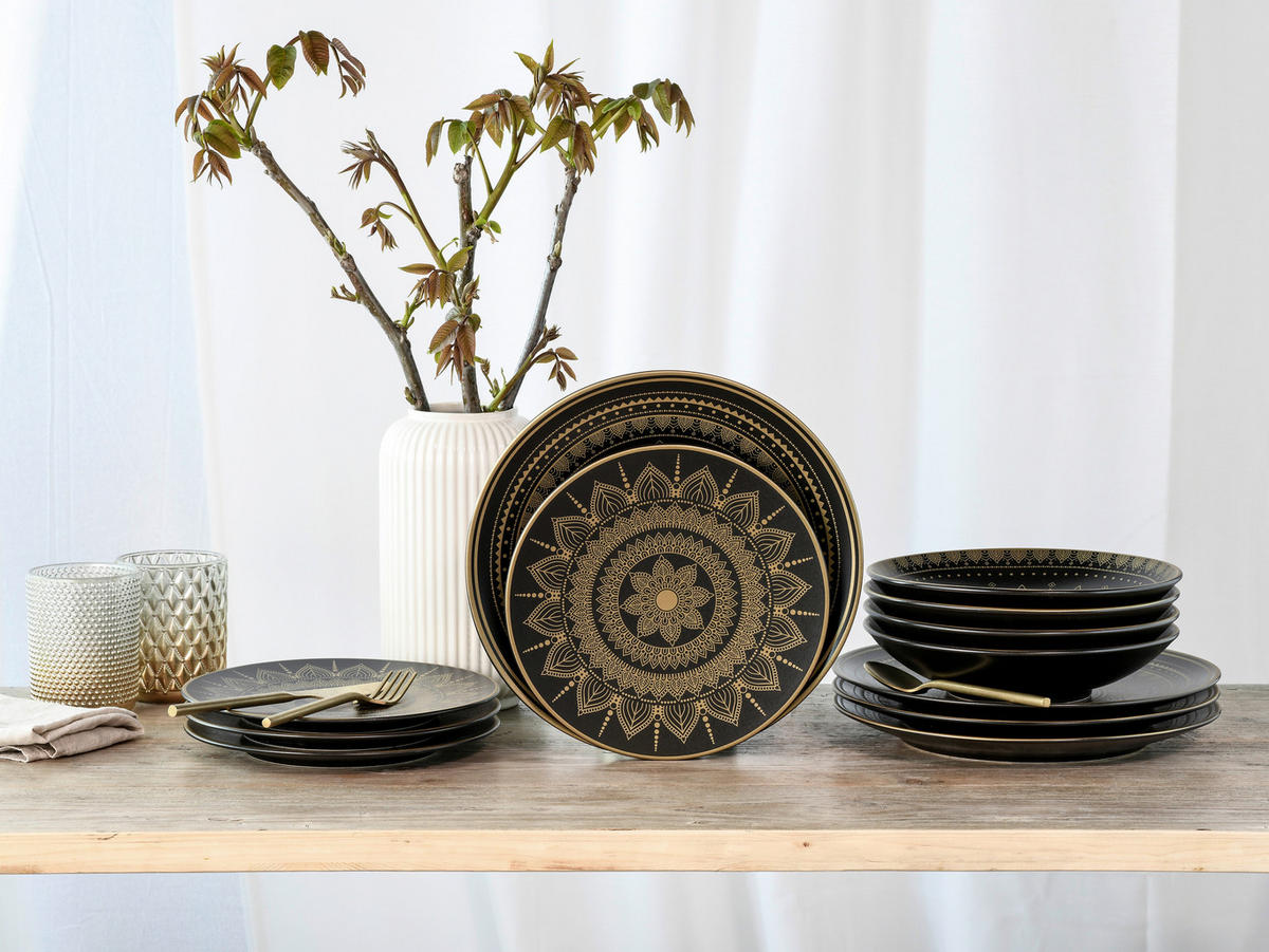 TAFELSERVICE Schwarz, Goldfarben 12-teilig  - Goldfarben/Schwarz, Keramik (31,5/31,5/37cm) - Creatable