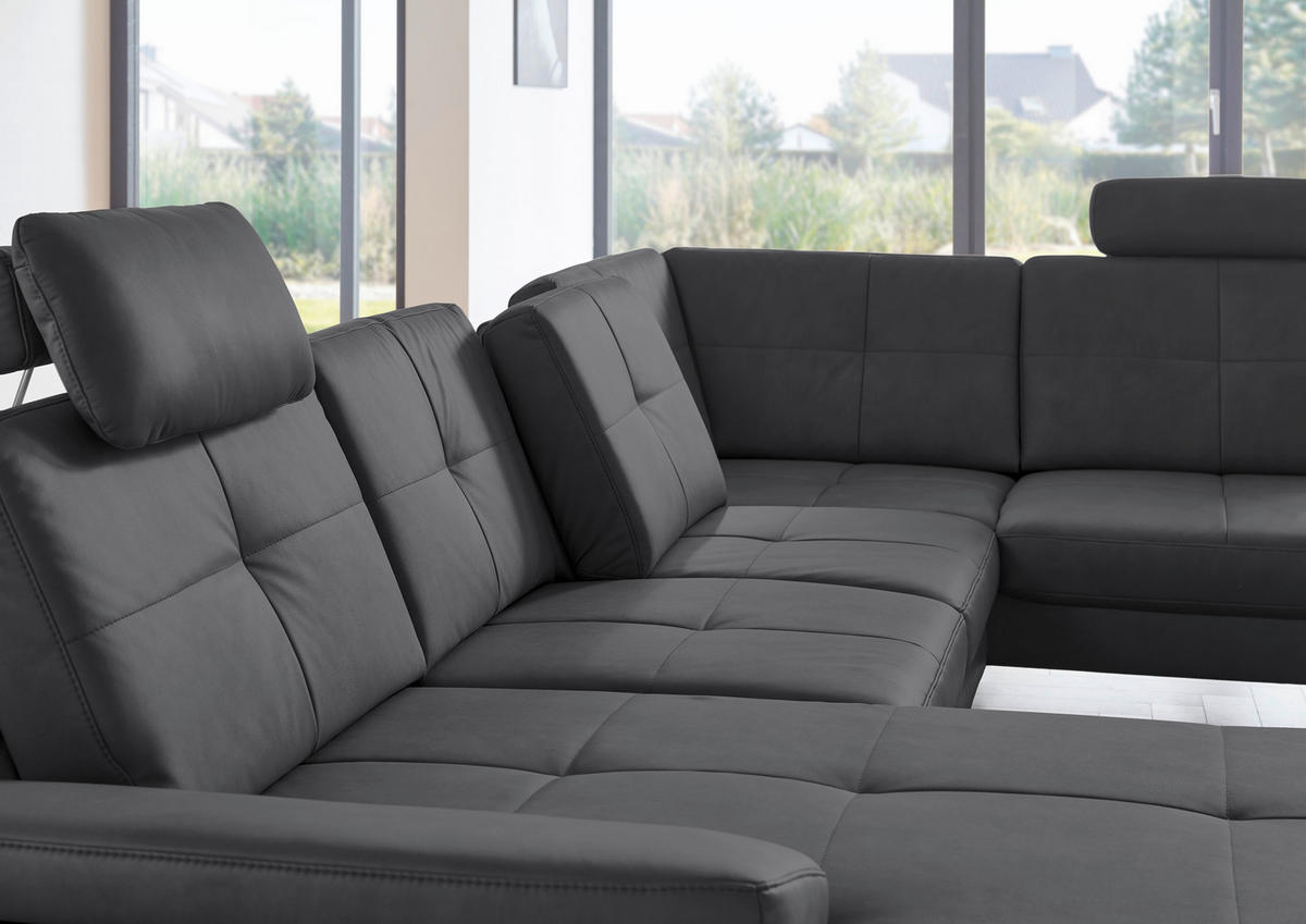 WOHNLANDSCHAFT in Lederlook, Mikrofaser Grau  - Schwarz/Grau, Design, Textil/Metall (179/343/220cm) - Beldomo System
