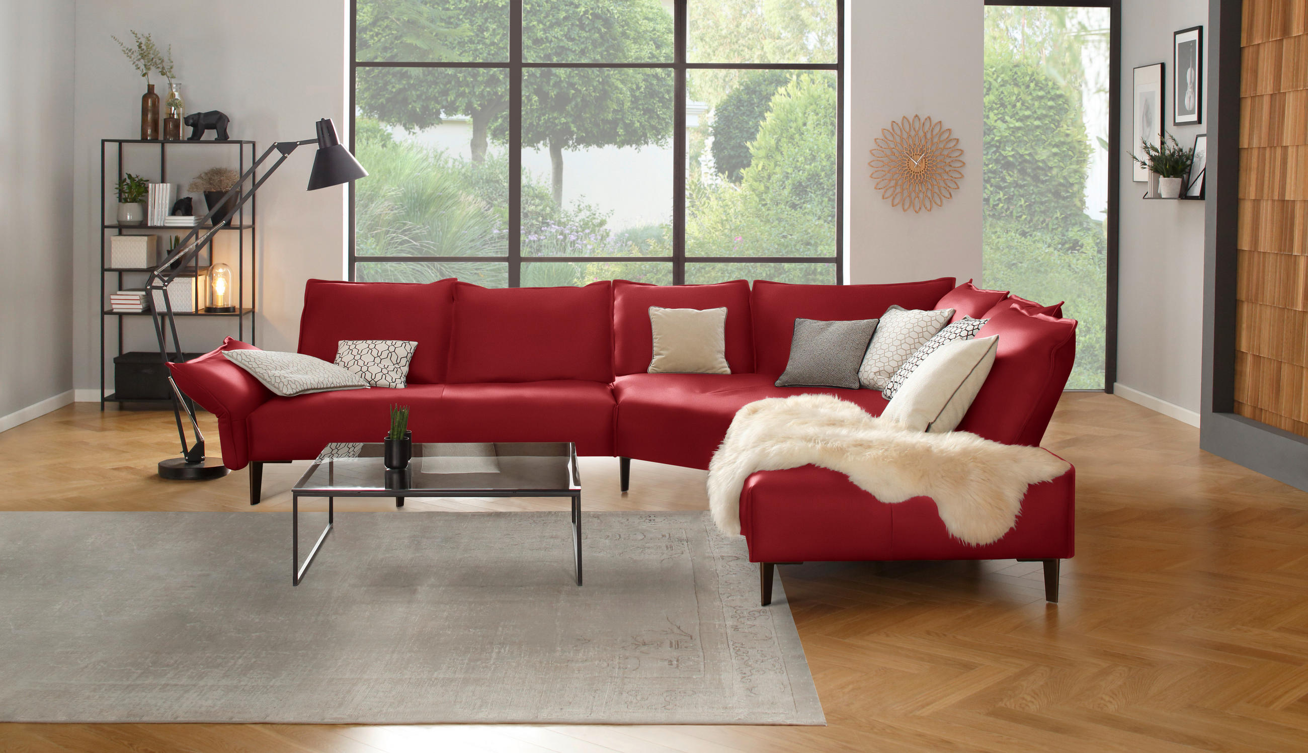ECKSOFA in Echtleder Rot  - Rot/Schwarz, Design, Leder/Metall (340/272cm) - W.Schillig
