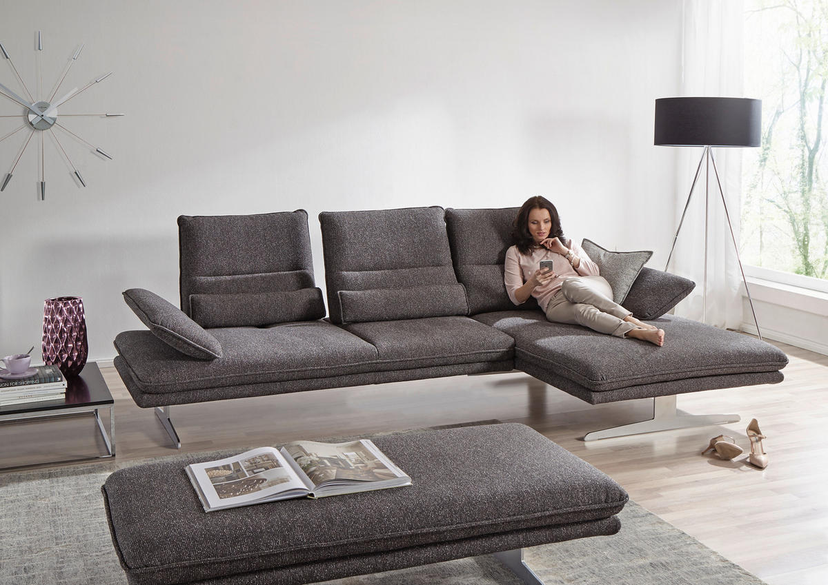 ECKSOFA Webstoff Anthrazit  - Chromfarben/Anthrazit, Design, Textil/Metall (291/164cm) - Chilliano