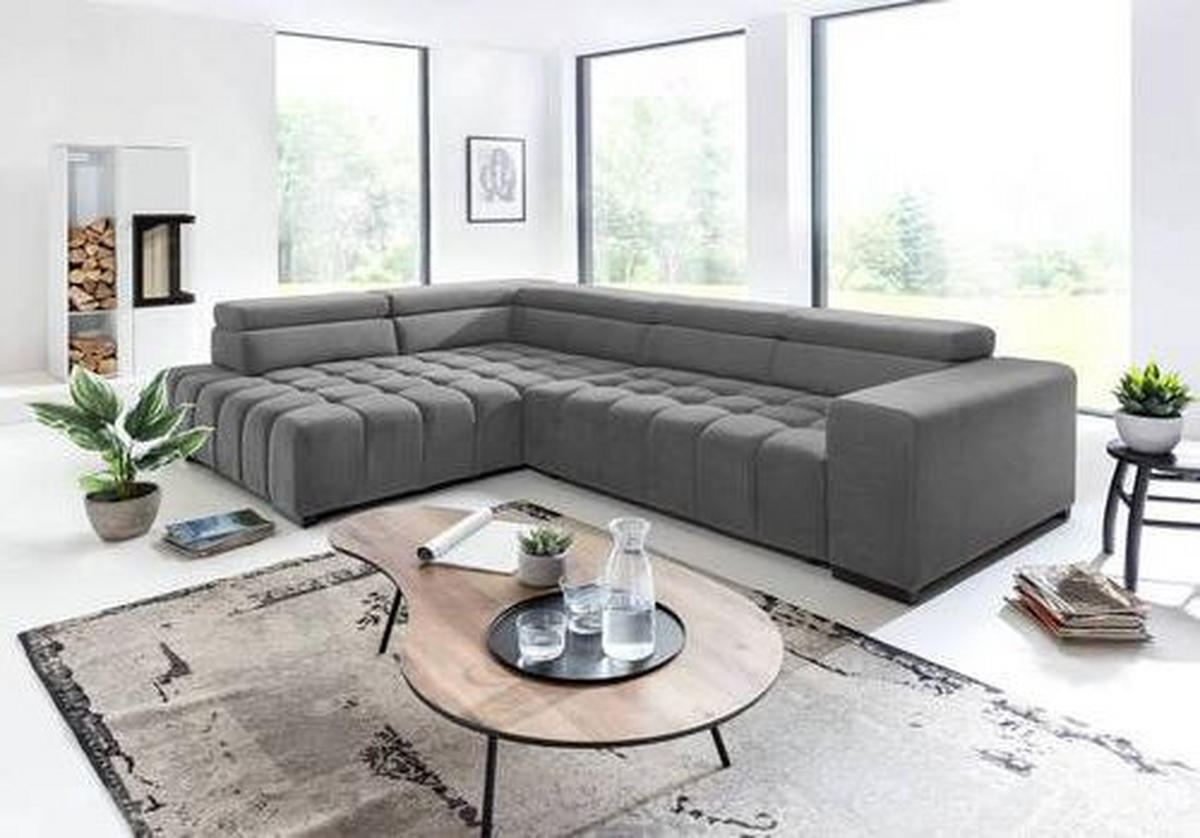ECKSCHLAFSOFA Grau Velours  - Schwarz/Grau, Design, Holz/Textil (201/307cm) - Livetastic