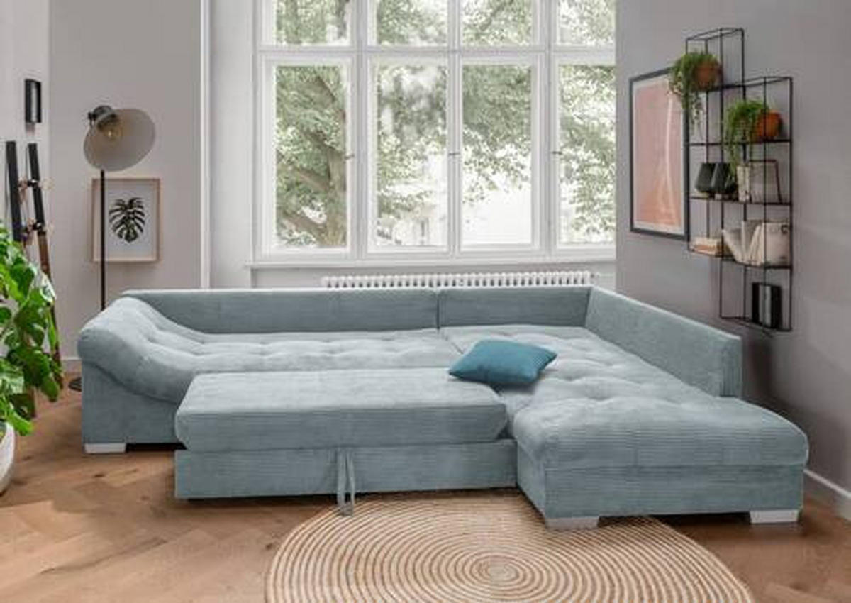 ECKSOFA Hellblau Cord  - Silberfarben/Petrol, Design, Holz/Textil (298/202cm) - MID.YOU