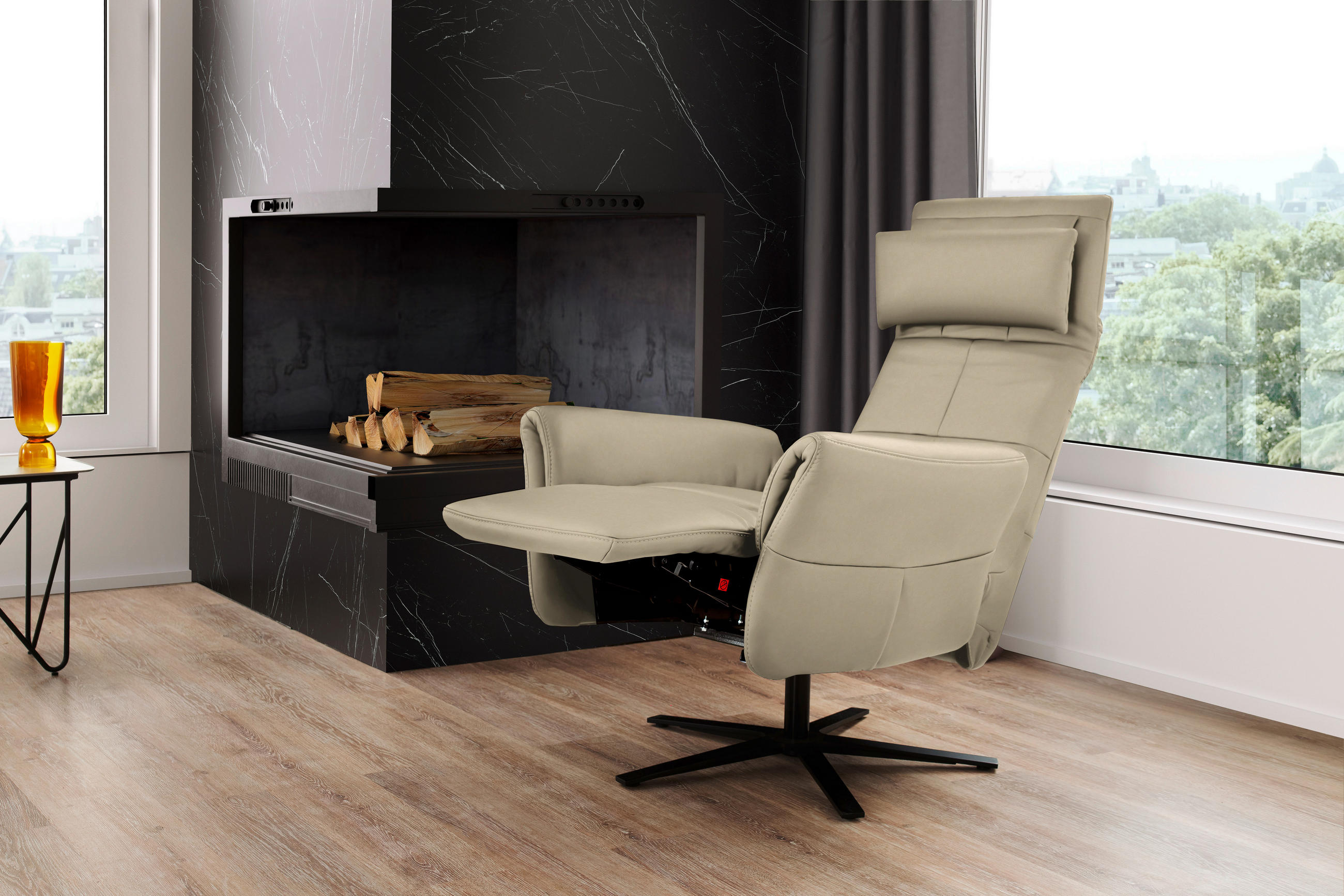 RELAXSESSEL Echtleder Relaxfunktion, Kopfteilverstellung, Nackenkissen    - Ecru/Schwarz, Design, Leder/Metall (81/118/82cm) - Schöner Wohnen