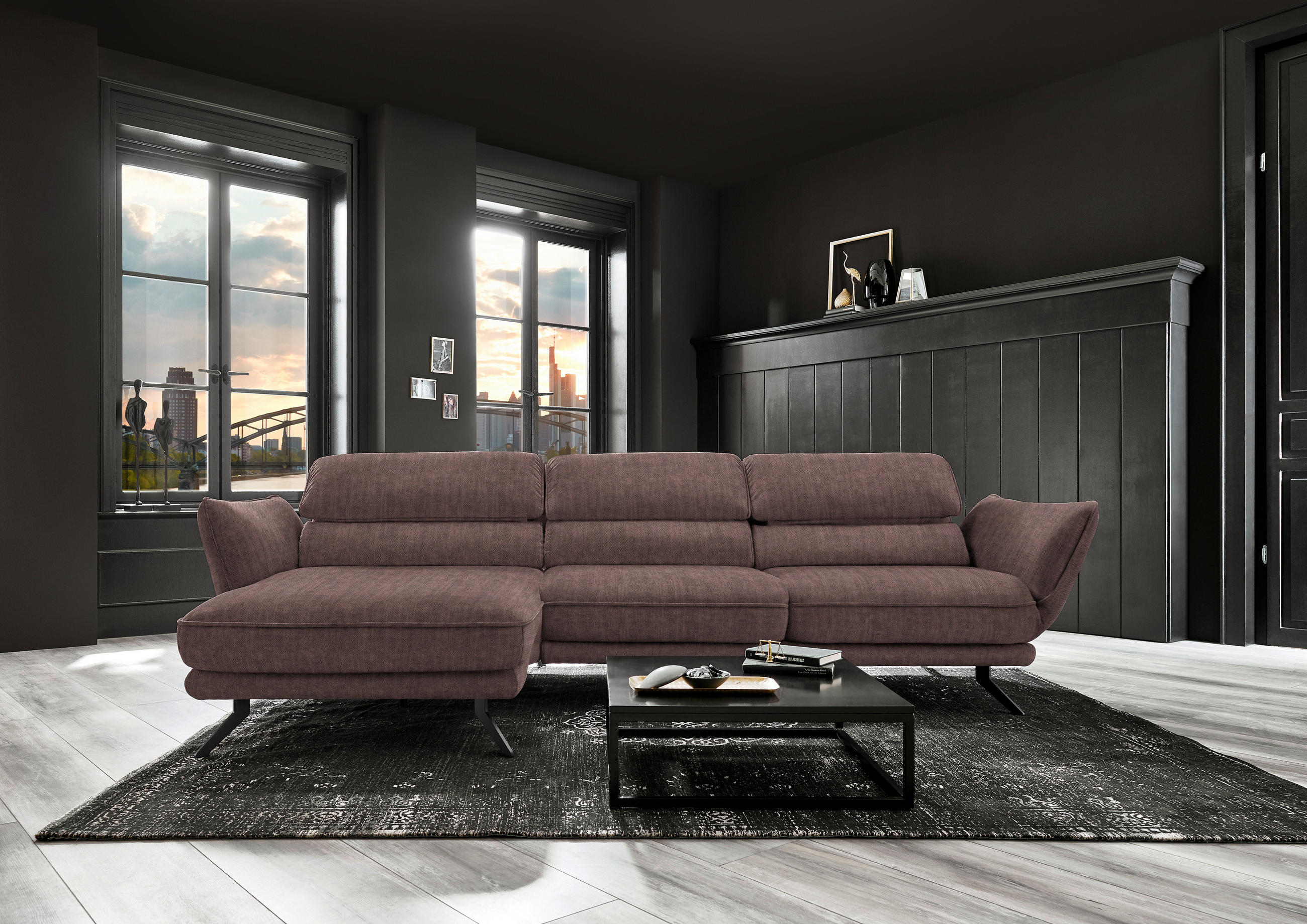 ECKSOFA in Velours Braun  - Schwarz/Braun, Design, Textil/Metall (153/283cm) - Valdera