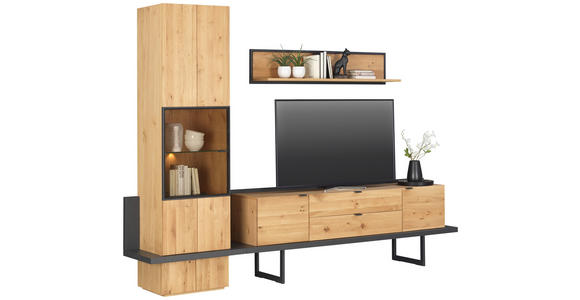 WOHNWAND Asteiche furniert, massiv, Hartholz Anthrazit, Eichefarben - Eichefarben/Anthrazit, KONVENTIONELL, Glas/Holz (278/202/47cm) - Linea Natura
