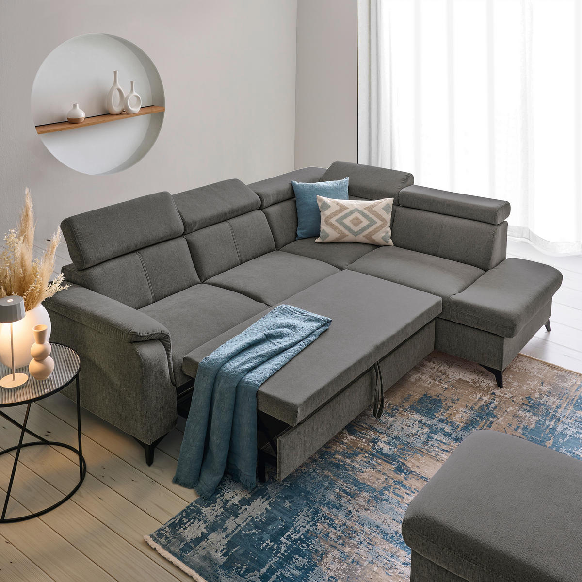 Ecksofa inkl. Funktionen PRAG Anthrazit Chenille  - Anthrazit/Schwarz, Design, Textil/Metall (260/203cm) - Stylife