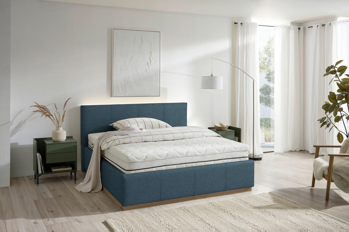 POLSTERBETT Beleuchtung, Lattenrost, Bettkasten Blau 180/200 cm  - Blau/Birkefarben, Design, Holz/Holzwerkstoff (180/200cm) - Lomoco