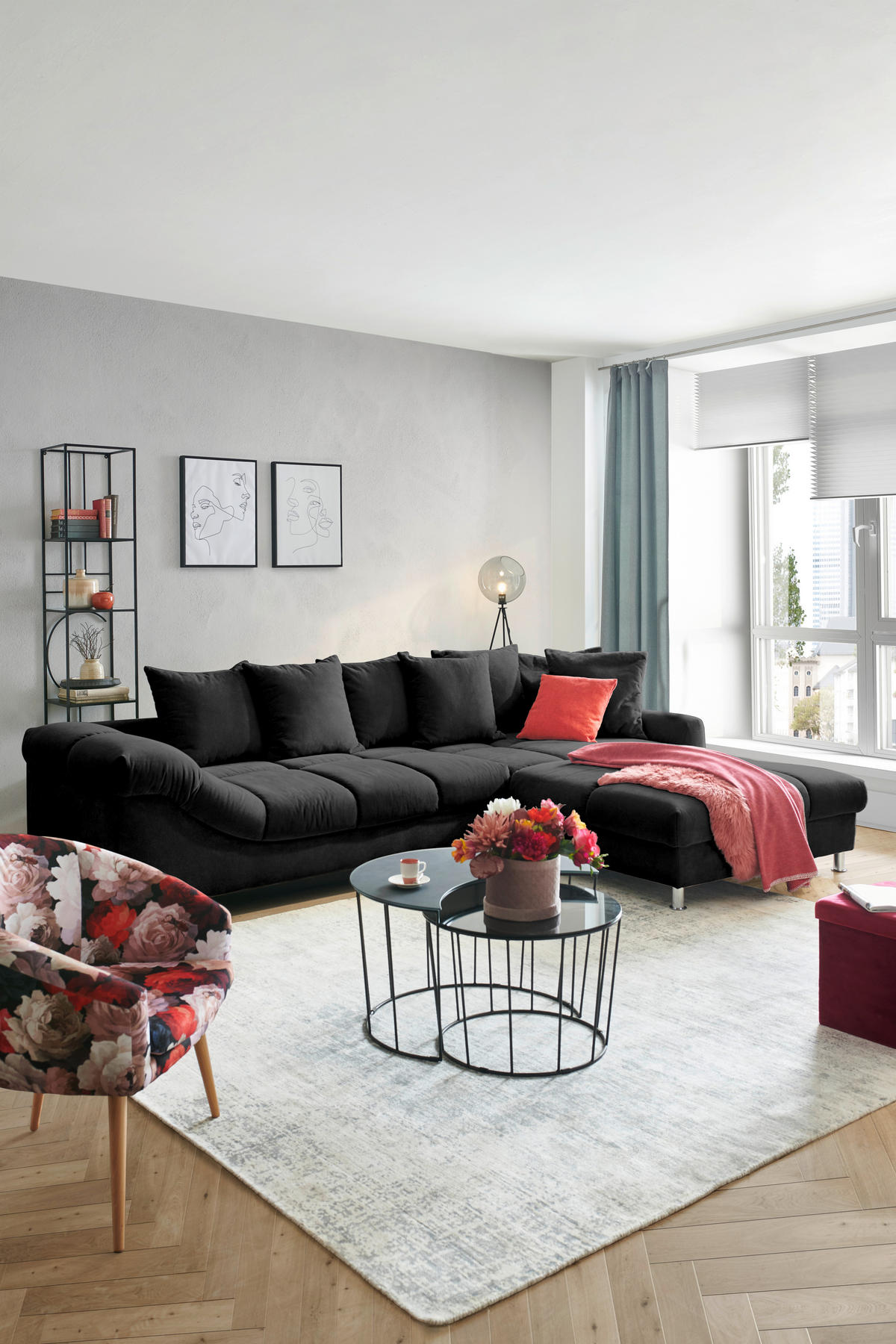 ECKSOFA in Webstoff Schwarz  - Chromfarben/Schwarz, Design, Textil/Metall (332/227cm) - Carryhome