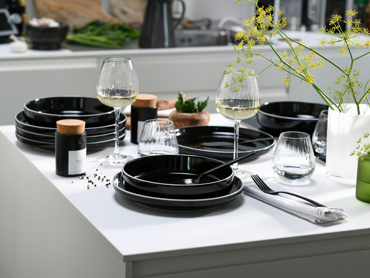 TAFELSERVICE Weiß, Schwarz Hochglanz Nordic Gourmet Schwarz 12-teilig  - Schwarz Hochglanz/Weiß, Basics, Keramik - Creatable