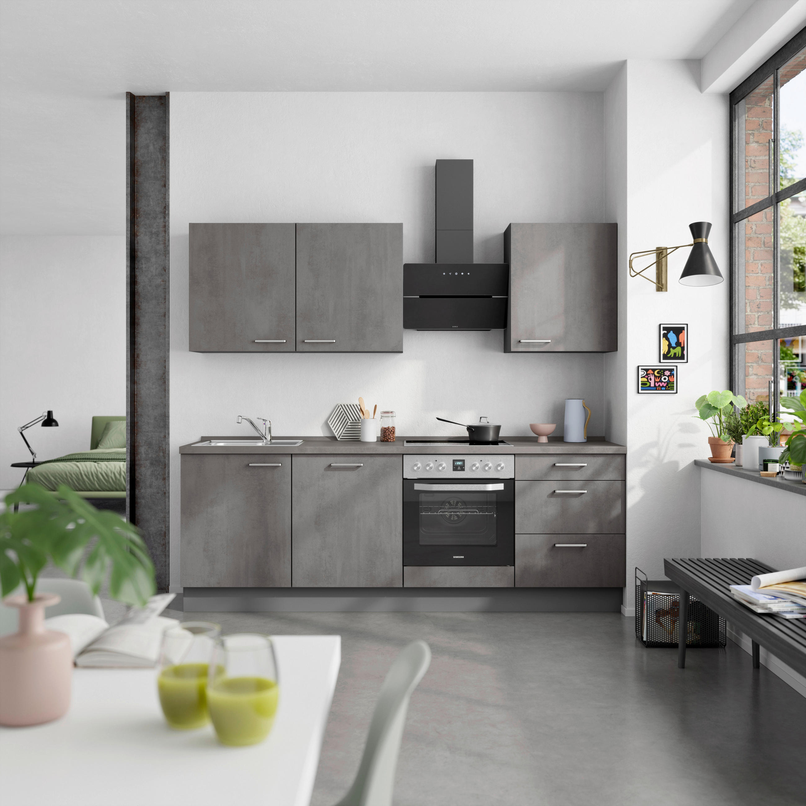 KÜCHENBLOCK Riva 240 cm  in Schieferfarben  - Schieferfarben/Edelstahlfarben, MODERN, Holzwerkstoff/Metall (240cm) - Nobilia