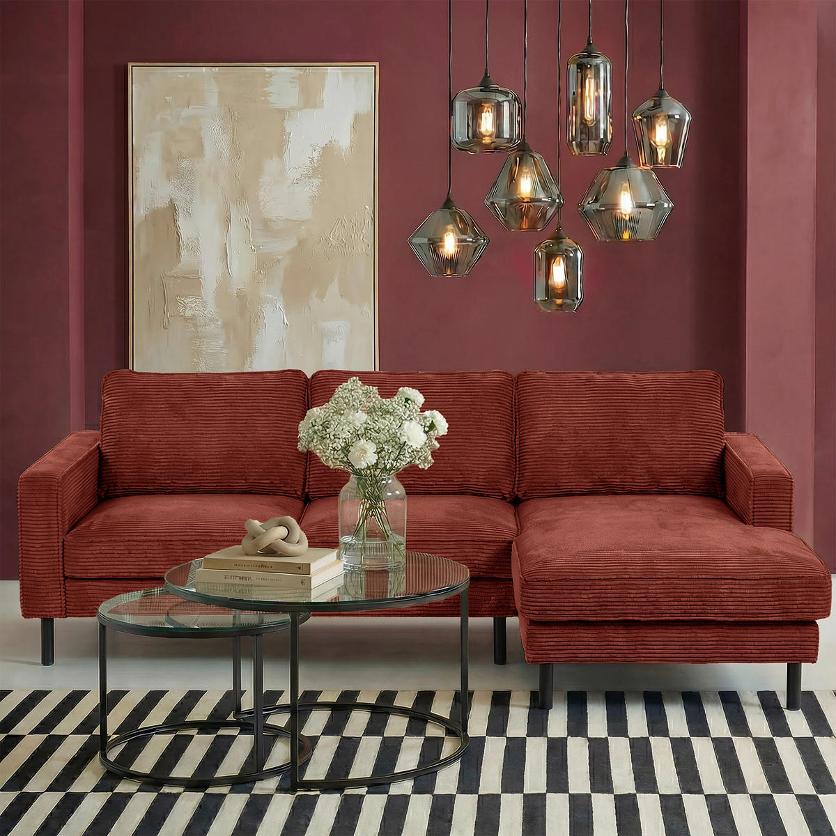 ECKSOFA  in Cord Rot Rücken echt  238/166 cm  - Rot/Schwarz, Design, Textil/Metall (238/166cm) - Livetastic