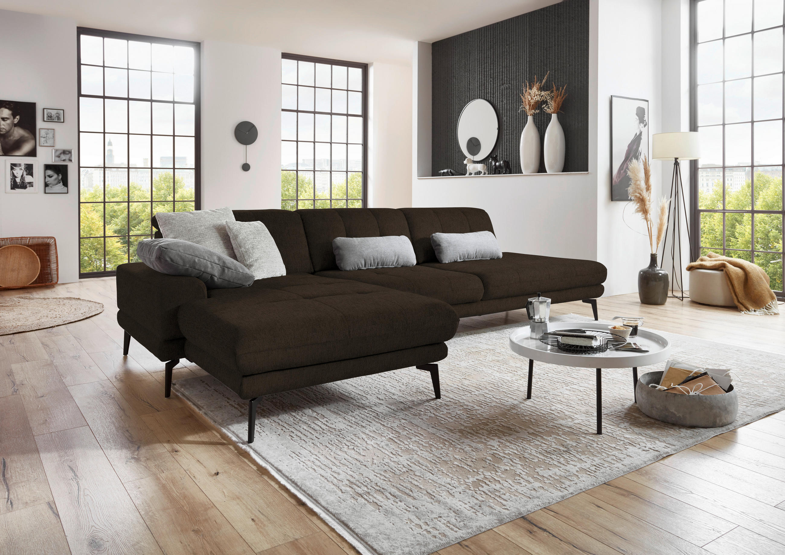 ECKSOFA in Flachgewebe Dunkelbraun  - Dunkelbraun/Schwarz, Design, Textil/Metall (190/309cm) - Beldomo Style