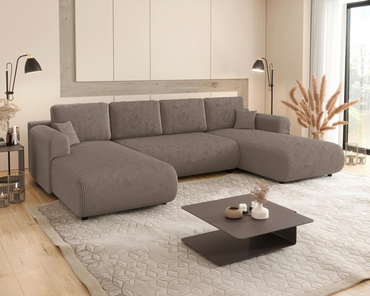 Wohnlandschaft inkl. Funktion Taupe Cord  - Taupe/Schwarz, KONVENTIONELL, Textil (200/360/200cm) - Xora