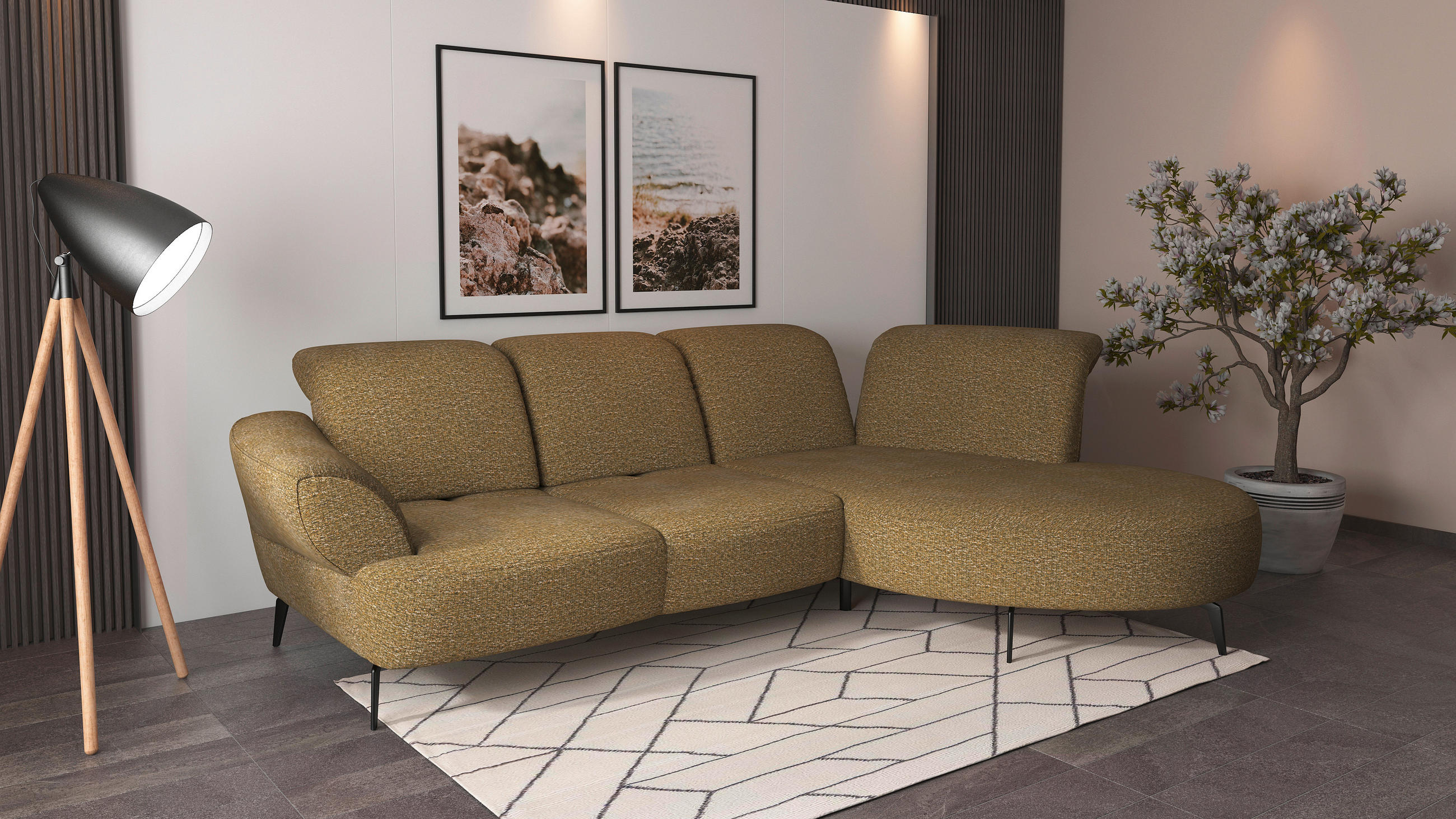 ECKSOFA in Chenille Olivgrün  - Schwarz/Olivgrün, Modern, Textil/Metall (313/208cm) - Sit & More
