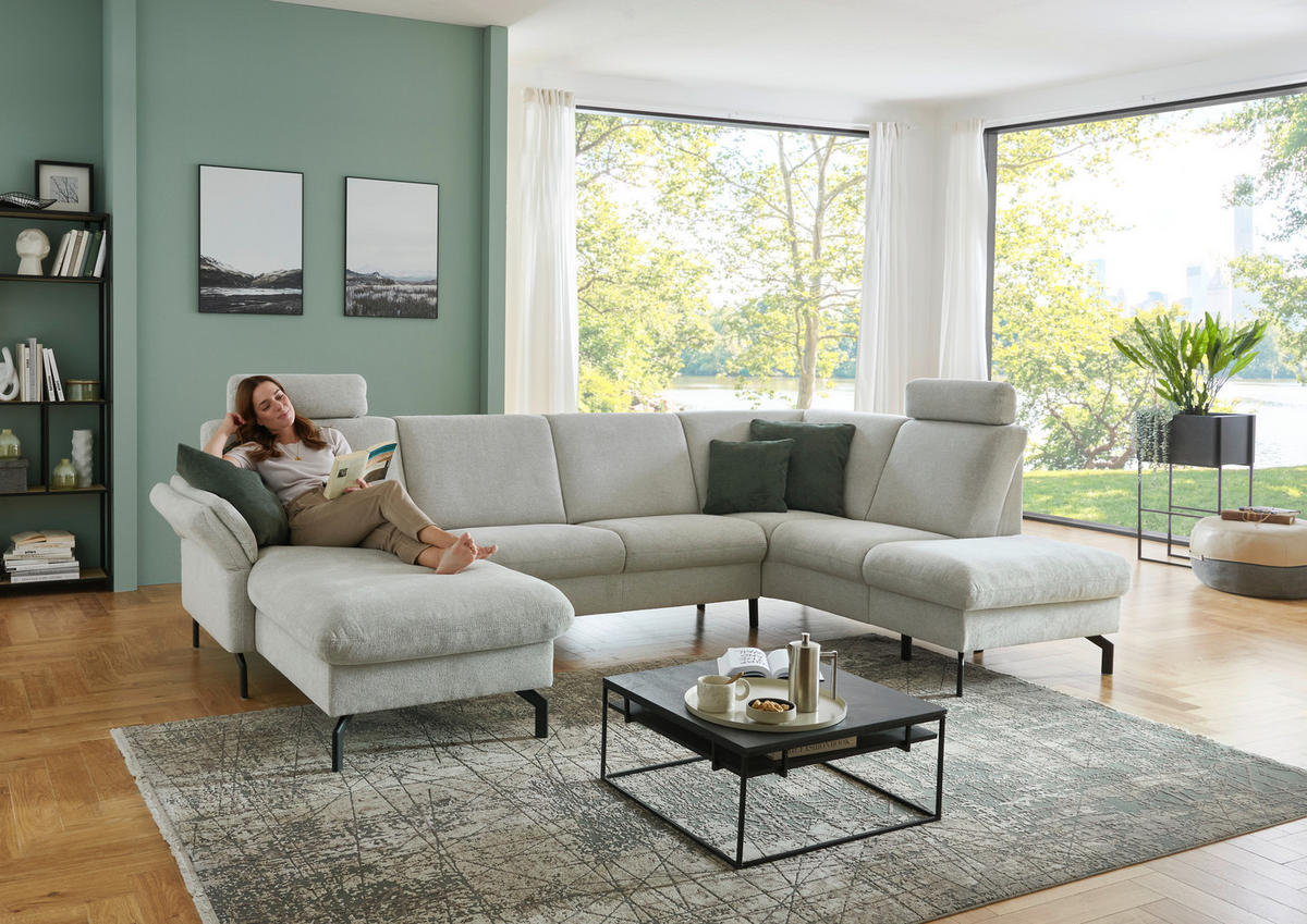 WOHNLANDSCHAFT Flachgewebe Ecru  - Ecru/Schwarz, Konventionell, Textil/Metall (170/307/190cm) - Beldomo Comfort