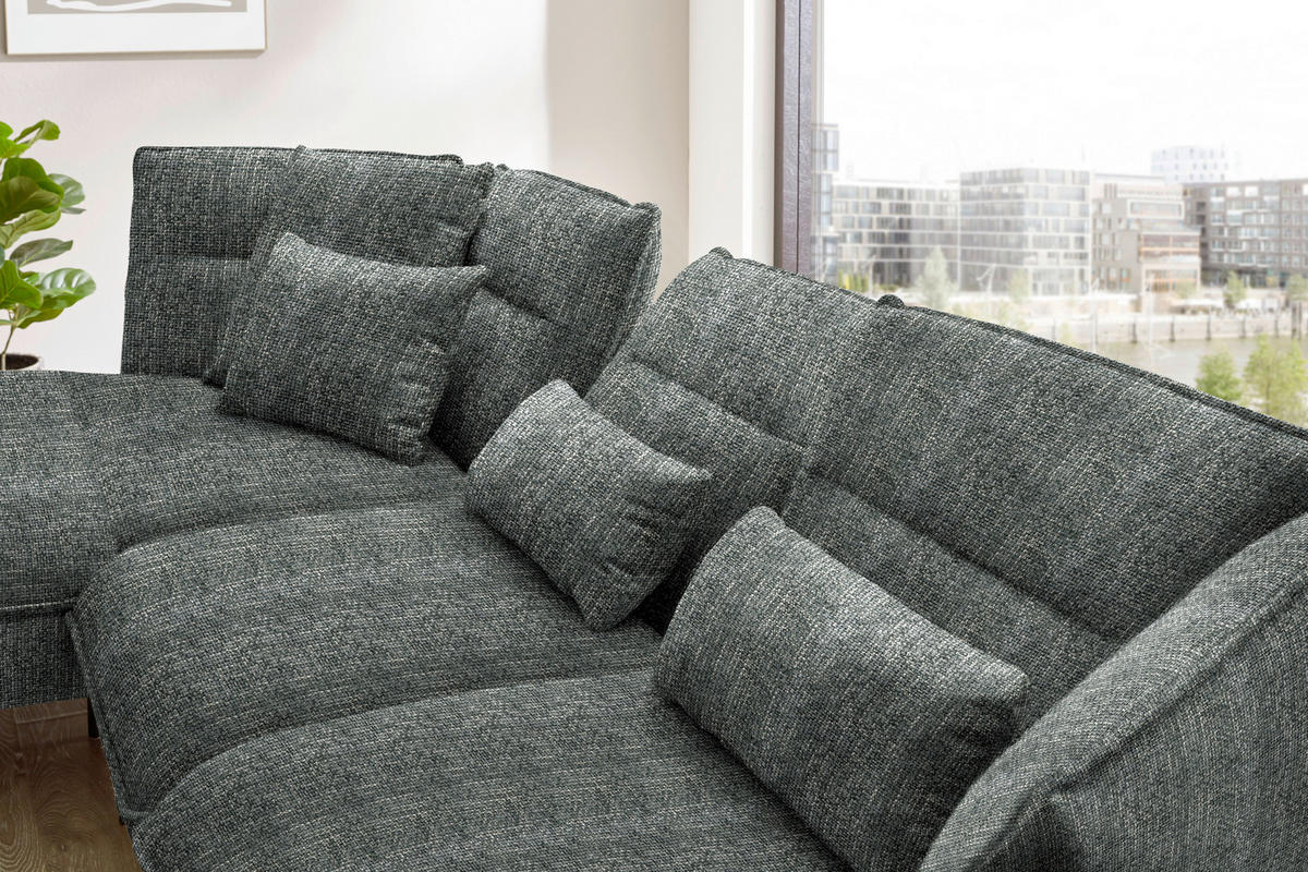 ECKSOFA in Flachgewebe Dunkelgrau  153/339 cm  - Dunkelgrau/Schwarz, Design, Textil/Metall (153/339cm) - Moderano