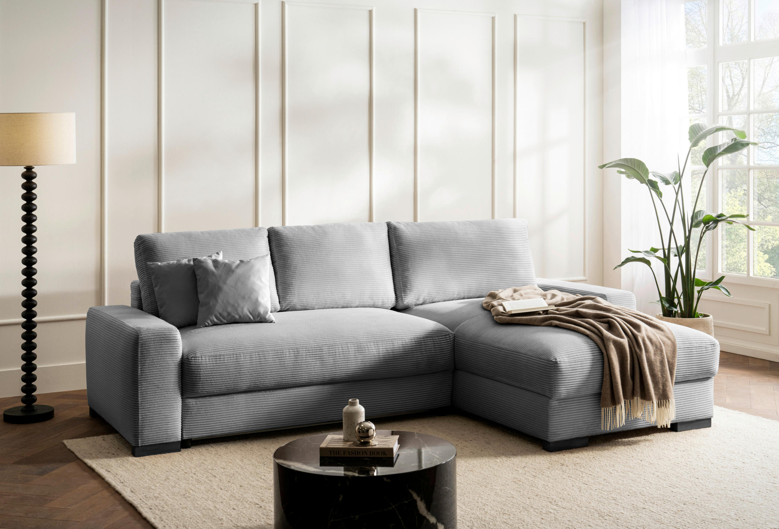ECKSOFA in Cord Hellgrau  - Hellgrau/Schwarz, Design, Holz/Textil (264/184cm) - Stylife
