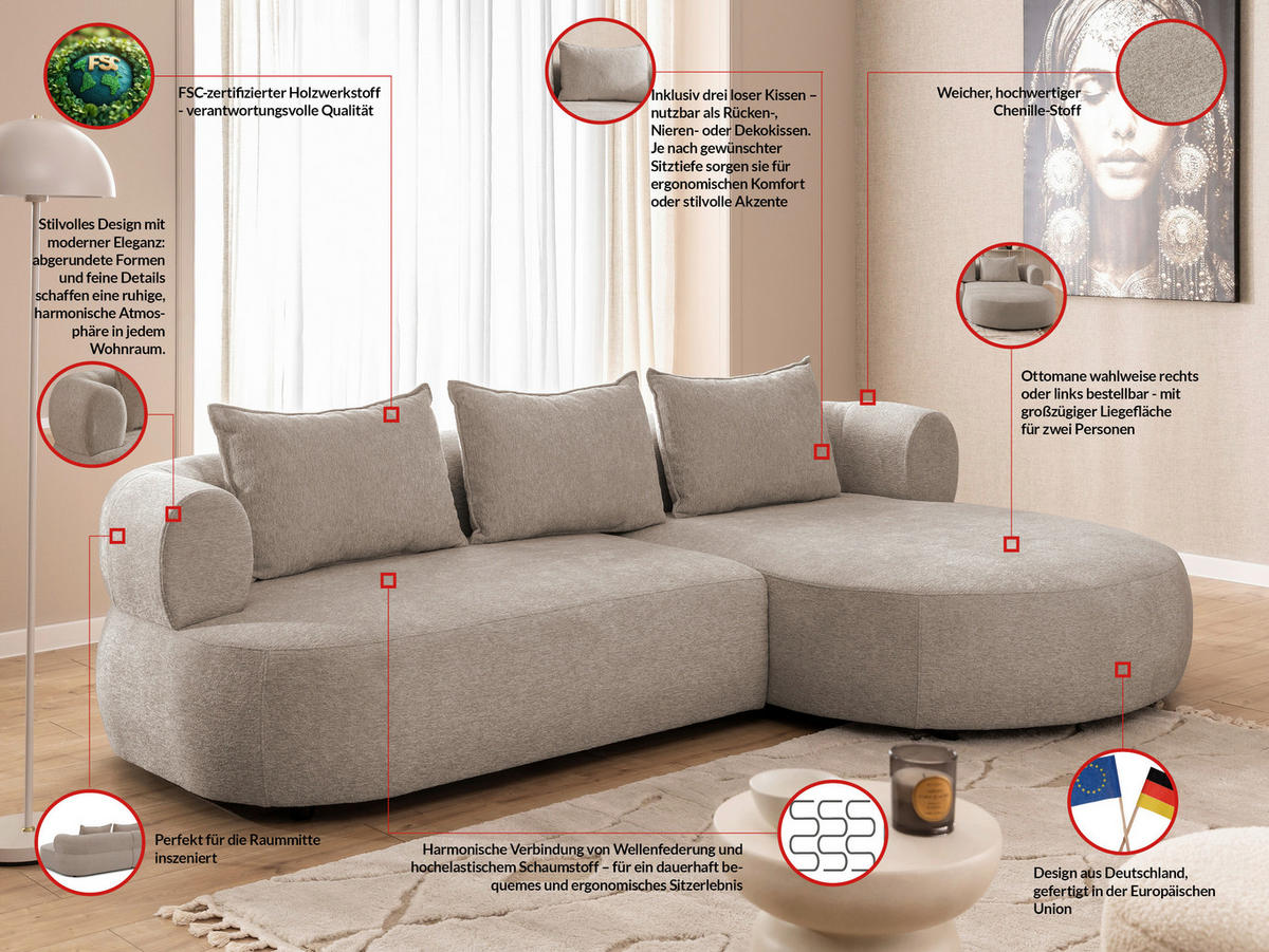ECKSOFA in Chenille Hellbraun  256/156 cm  - Hellbraun/Schwarz, Design, Kunststoff/Textil (256/156cm) - Livetastic