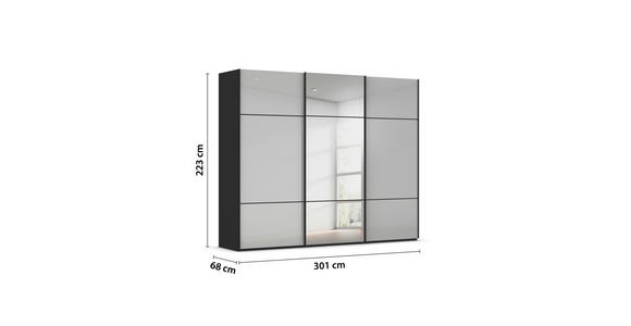SCHWEBETÜRENSCHRANK 301/223/68 cm 3-türig Grau, Schwarz - Alufarben/Schwarz, KONVENTIONELL, Glas/Holzwerkstoff (301/223/68cm) - Novel