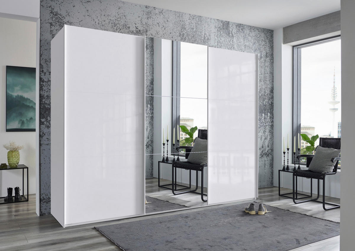 SCHWEBETÜRENSCHRANK 300/216/65 cm 3-türig Weiß  - Chromfarben/Weiß, Design, Glas/Holzwerkstoff (300/216/65cm) - Stylife