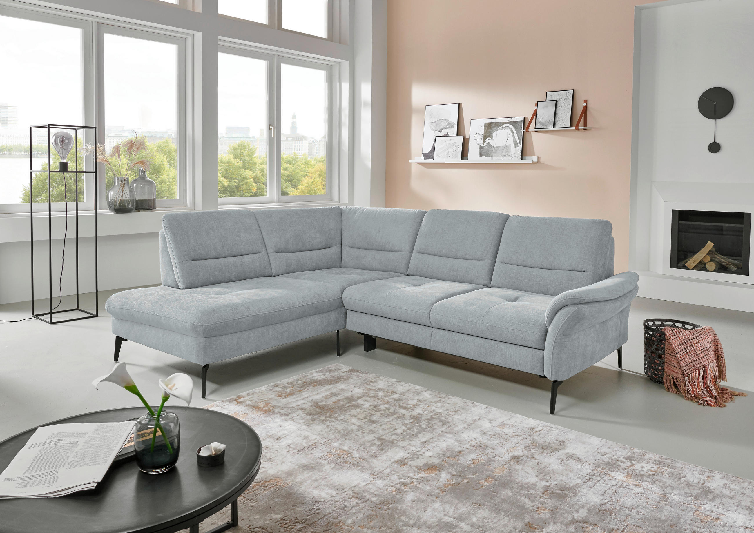 CANAPÉ D'ANGLE in Webstoff Hellgrau  - Hellgrau/Schwarz, Design, Textil/Metall (206/256cm) - Beldomo System