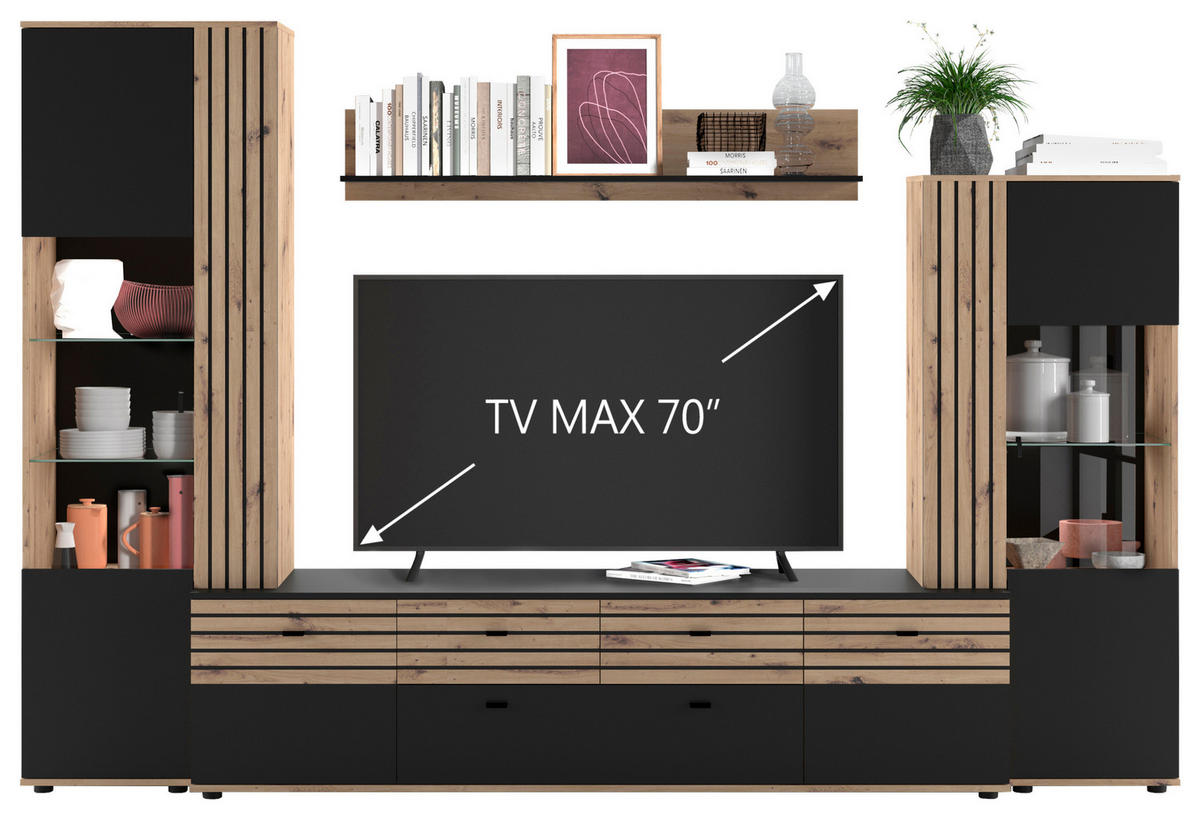 WOHNWAND  in Schwarz, Eiche Artisan  300/199,8/45 cm  - Schwarz/Eiche Artisan, KONVENTIONELL, Glas/Holzwerkstoff (300/199,8/45cm) - Carryhome