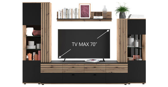 WOHNWAND  in Schwarz, Eiche Artisan  300/199,8/45 cm  - Schwarz/Eiche Artisan, KONVENTIONELL, Glas/Holzwerkstoff (300/199,8/45cm) - Carryhome