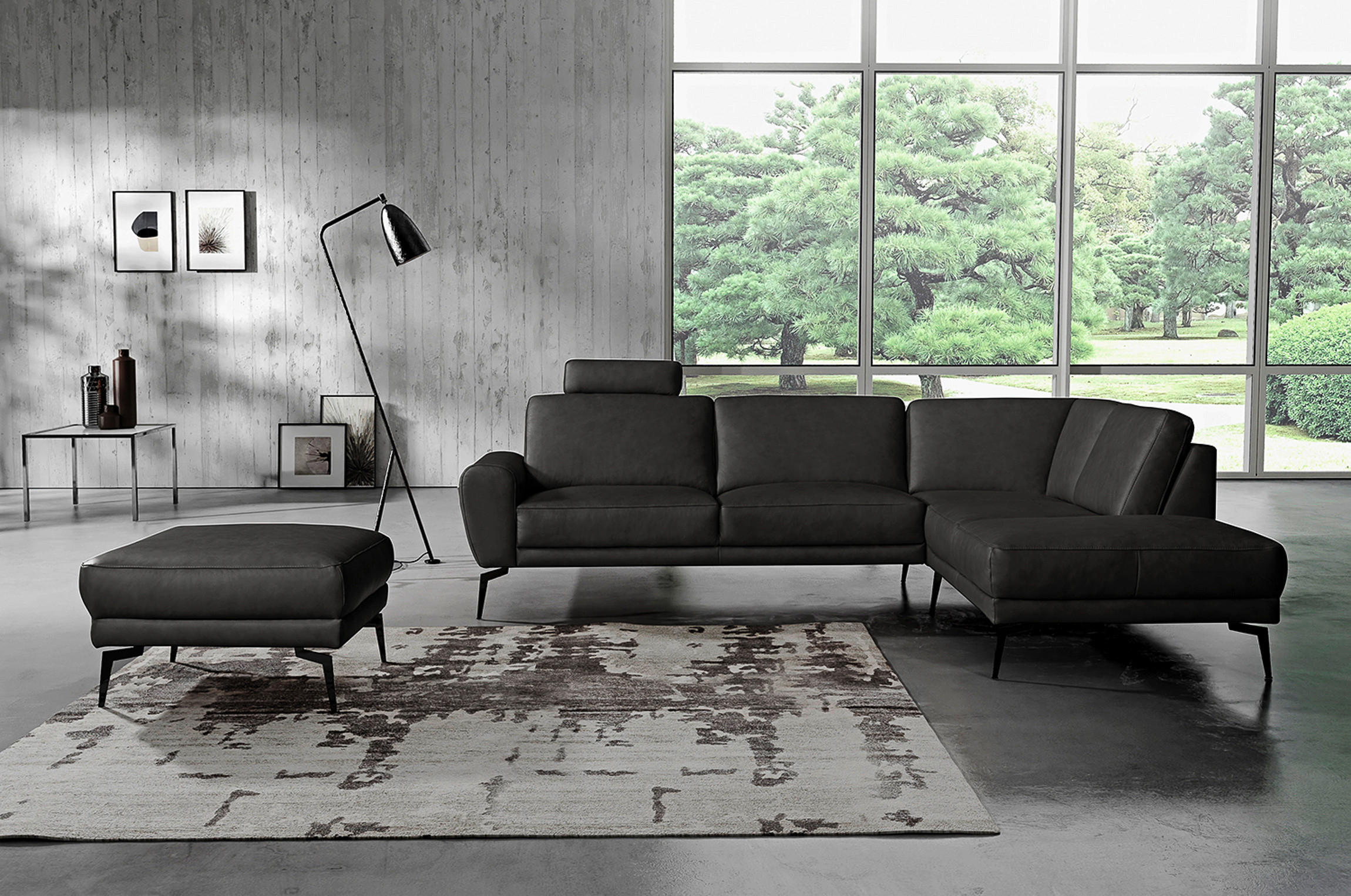 ECKSOFA SPRING Schwarz Echtleder  - Schwarz, Design, Leder/Metall (273/250cm) - Livetastic