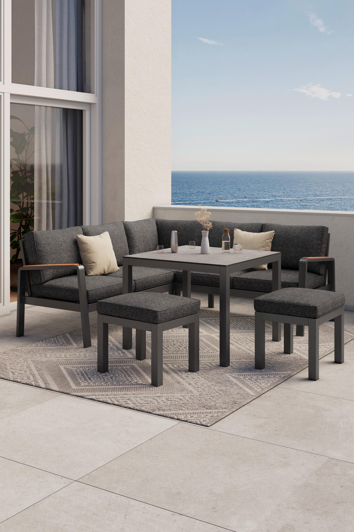 LOUNGEGARNITUR 4-teilig  193/193 cm  Aluminium  - Anthrazit/Schwarz, MODERN, Keramik/Textil (193/193cm) - Beldano