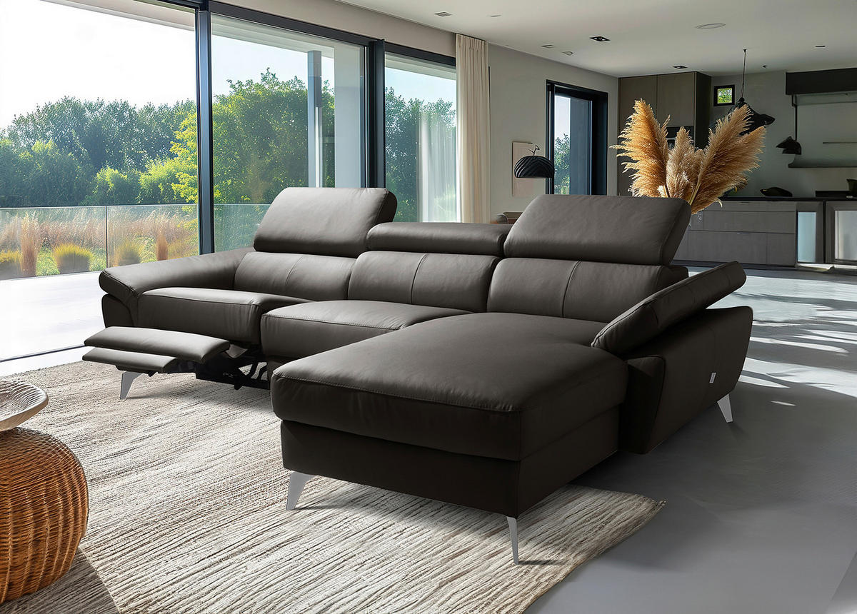 ECKSOFA Lederlook Echtleder Dunkelbraun  - Chromfarben/Dunkelbraun, Design, Leder/Textil (252/179cm) - Livetastic