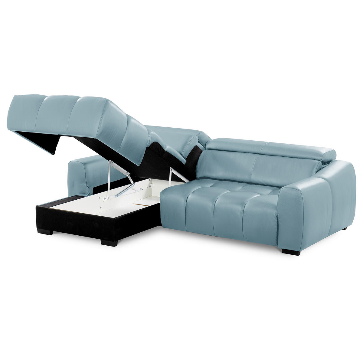 ECKSOFA AVEIRO Hellblau Echtleder Bettkasten, Kopfteilverstellung, Sitzvorzug  - Schwarz/Hellblau, Design, Leder/Kunststoff (177/274cm) - Livetastic