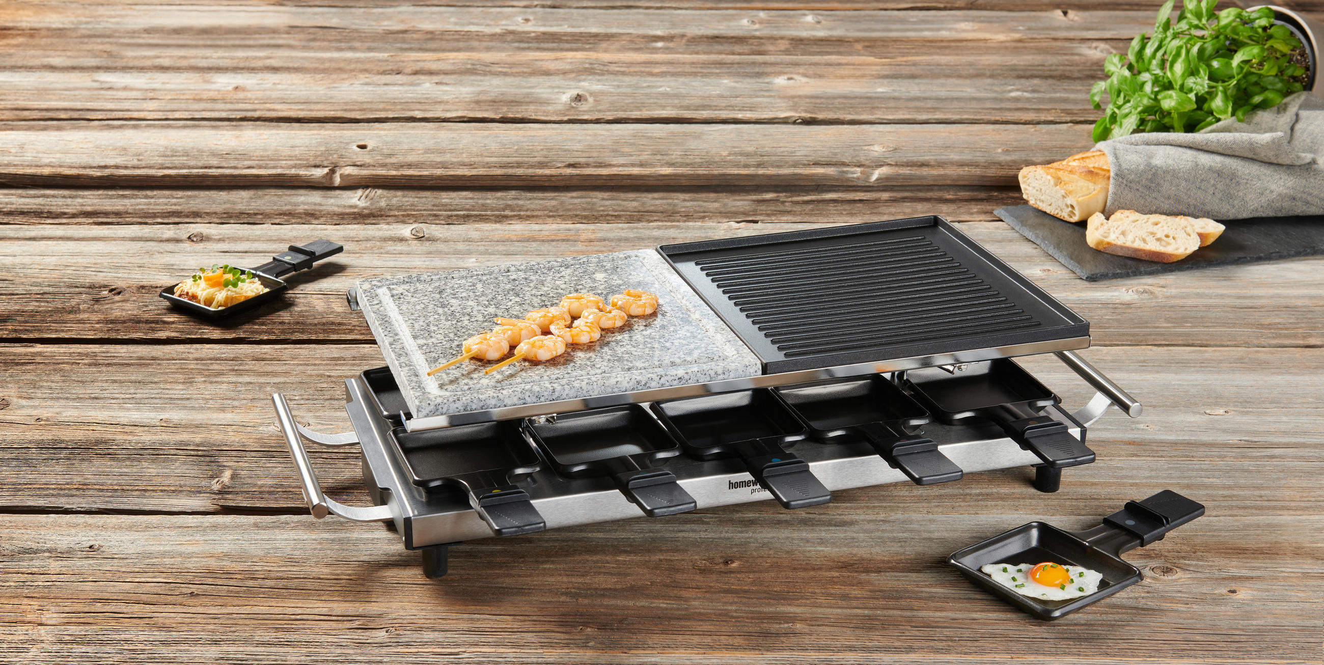 Thumbnail - Homeware Profession. Raclette-Grill, Schwarz, Edelstahl, Metall, Kunststoff, Stein, 24.2x13x62 cm, RoHS, Lfgb, CE, Tempe...