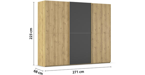 SCHWEBETÜRENSCHRANK 270/223/68 cm 3-türig Schwarz, Eichefarben  - Eichefarben/Schwarz, Design, Glas/Holz (270/223/68cm) - Novel