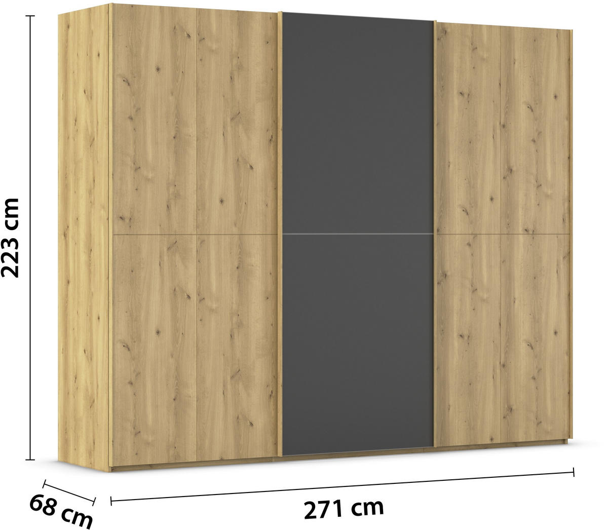 SCHWEBETÜRENSCHRANK 270/223/68 cm 3-türig Schwarz, Eichefarben  - Eichefarben/Schwarz, Design, Glas/Holz (270/223/68cm) - Novel