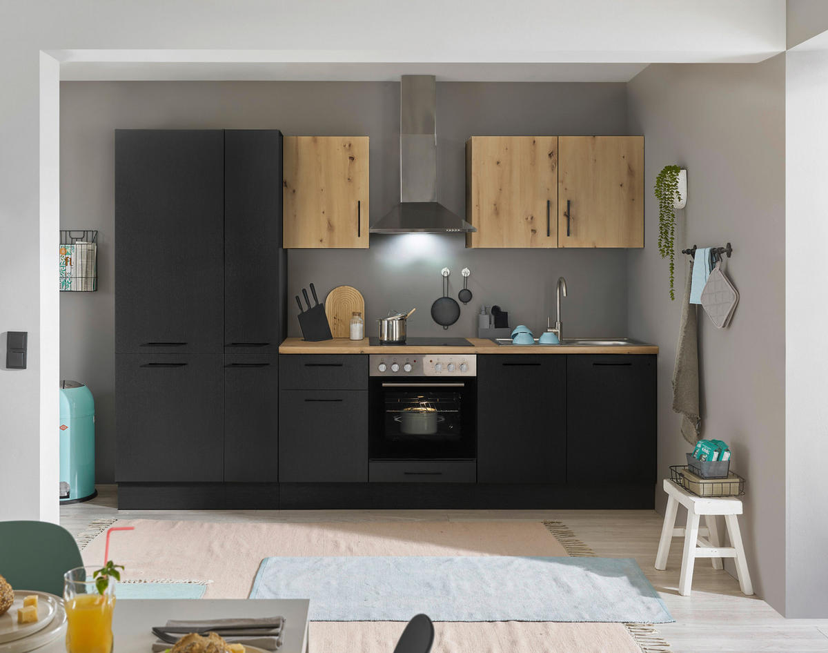 KÜCHENBLOCK 300 cm   in Schwarz, Eiche Artisan  - Schwarz/Eiche Artisan, Basics, Holzwerkstoff/Metall (300cm) - MID.YOU