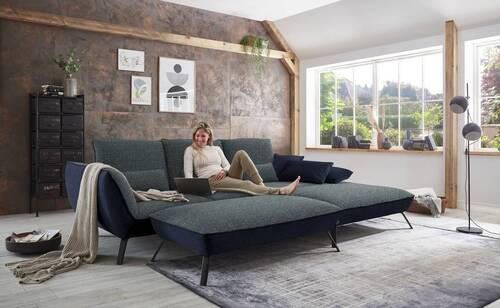 ECKSOFA in Flachgewebe Blaugrau  - Blaugrau/Schwarz, Design, Textil/Metall (301/191cm) - Moderano