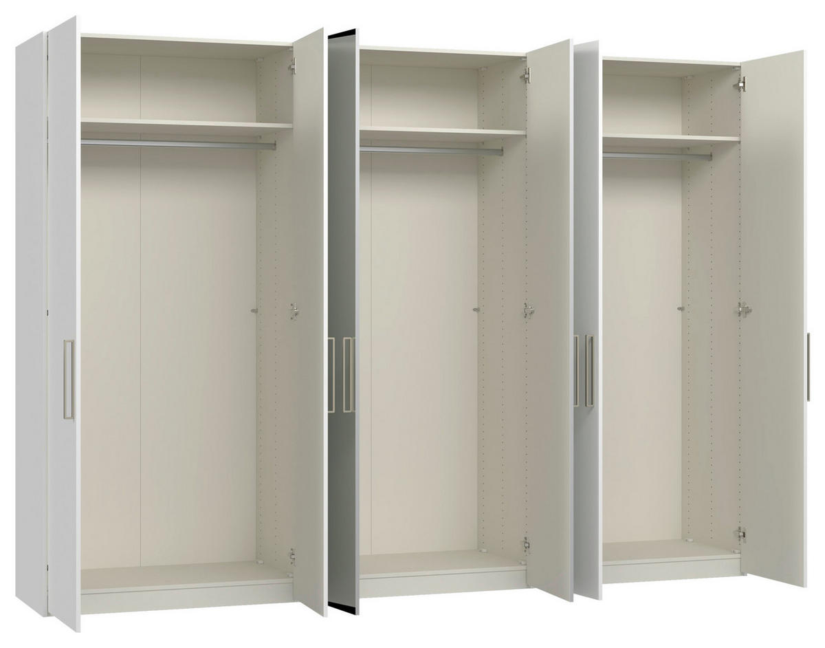 DREHTÜRENSCHRANK 303/220/59 cm,  in Weiß, 6-türig  - Edelstahlfarben/Weiß, Design, Glas/Holzwerkstoff (303/220/59cm) - Jutzler