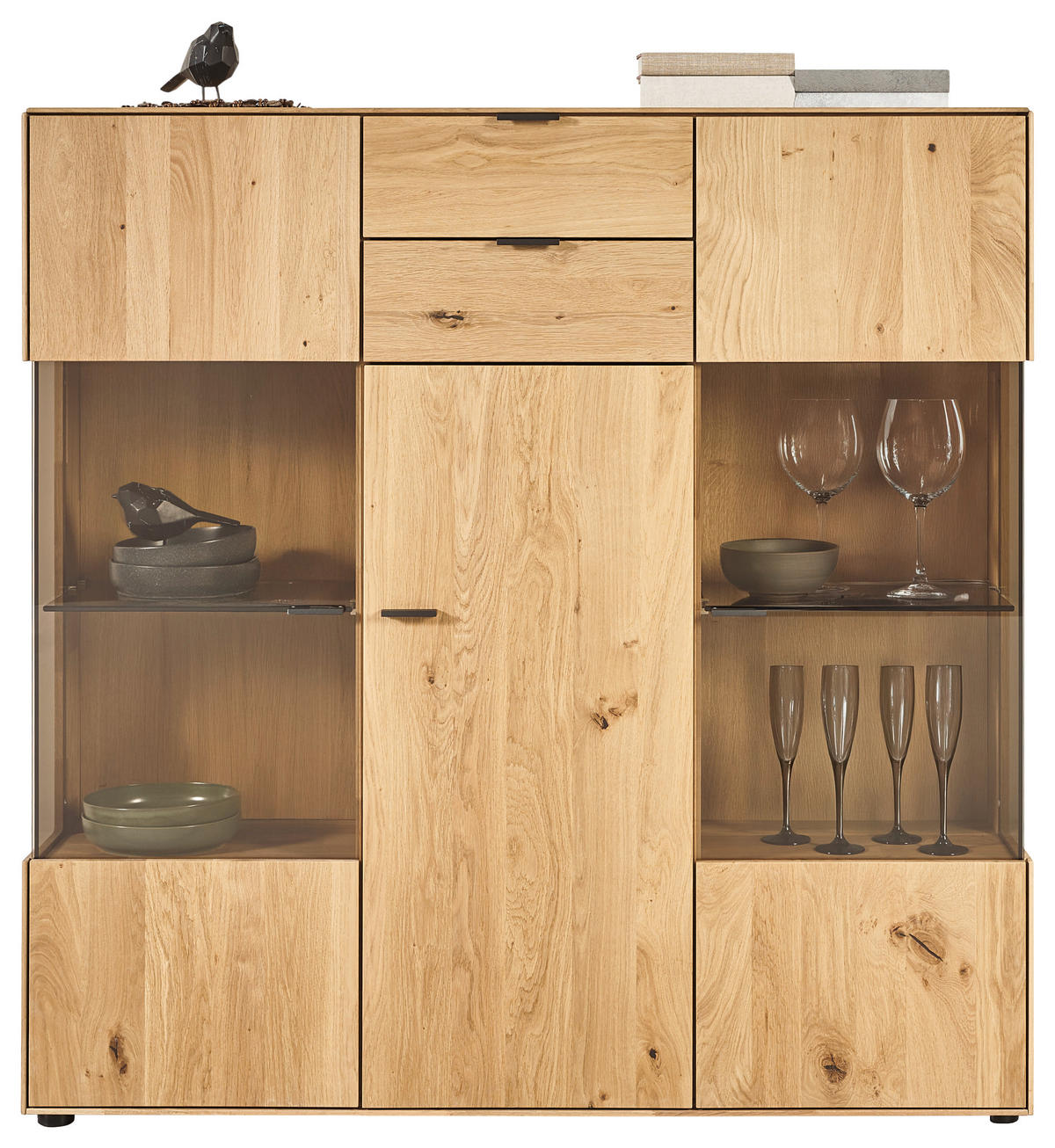 HIGHBOARD Wildeiche  136,9/138,3/37,1 cm  - Wildeiche/Schwarz, Natur, Glas/Holz (136,9/138,3/37,1cm) - Valnatura