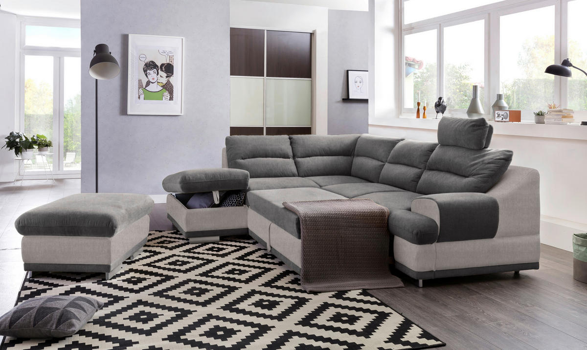 ECKSOFA Hellgrau, Anthrazit Velours  - Chromfarben/Beige, KONVENTIONELL, Textil/Metall (217/264cm) - MID.YOU