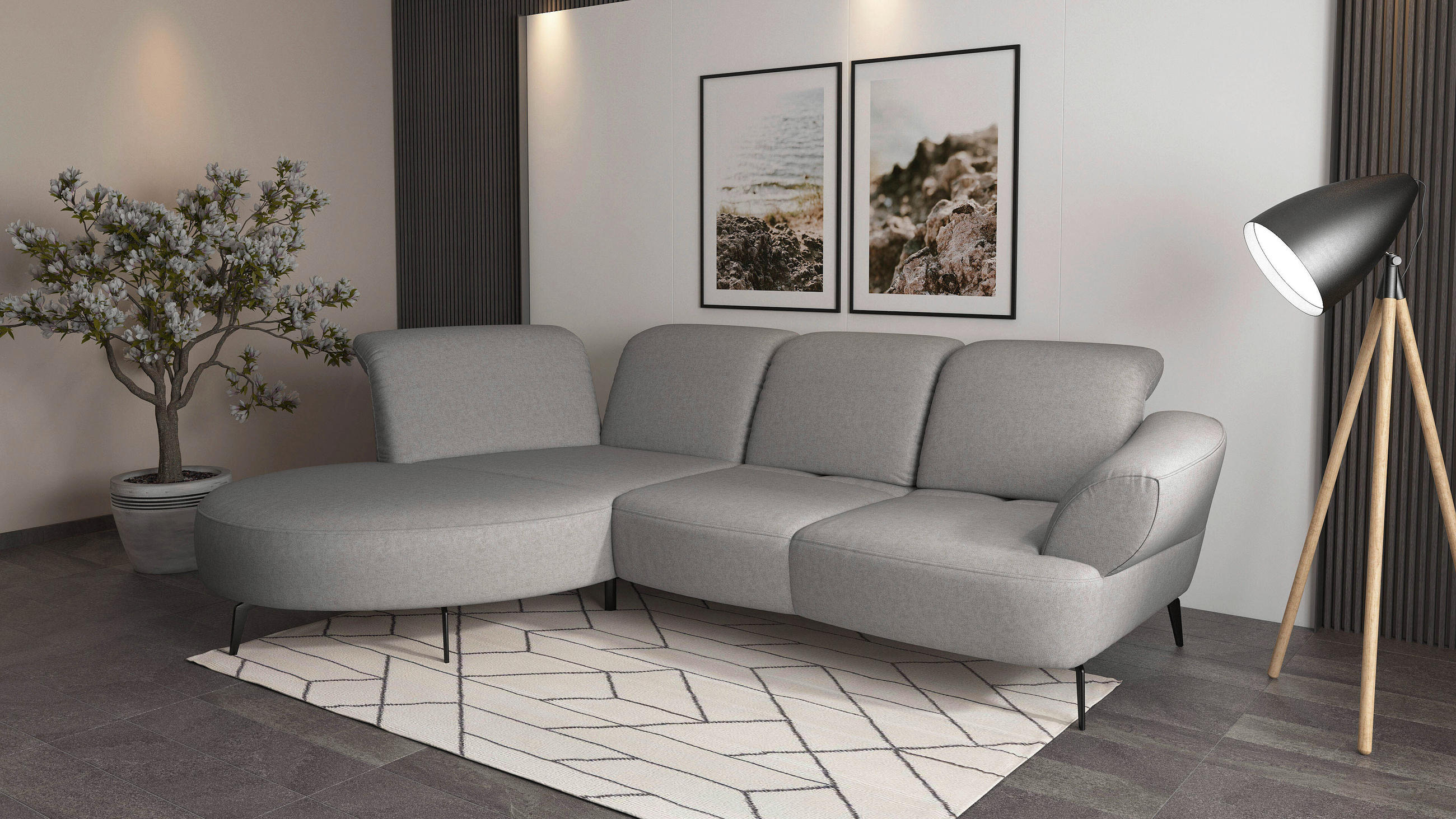 ECKSOFA in Flachgewebe Hellgrau  - Hellgrau/Schwarz, Modern, Textil/Metall (208/313cm) - Sit & More