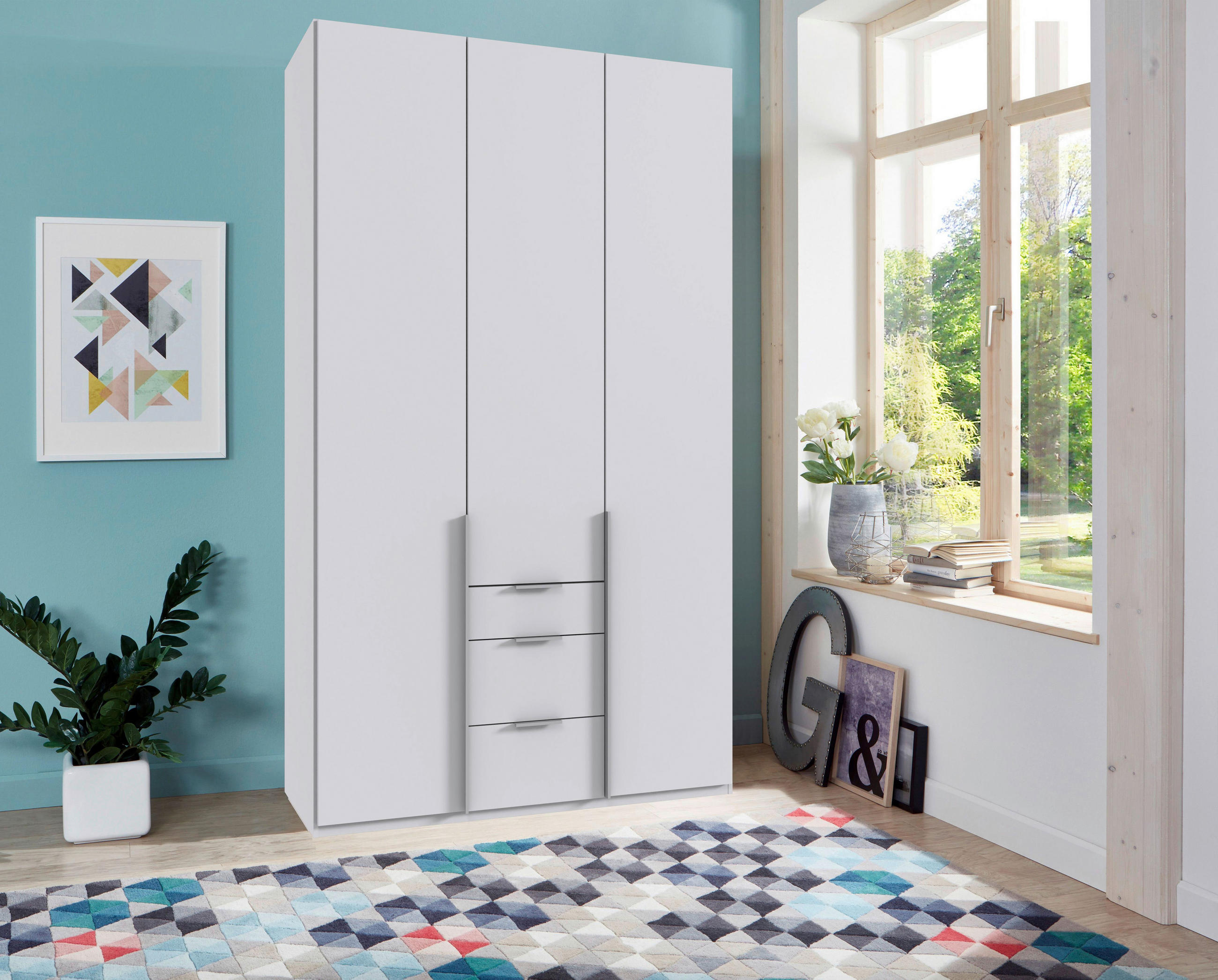 DREHTÜRENSCHRANK in Weiss  - Weiss/Alufarben, Modern, Holzwerkstoff/Metall (135/236/58cm) - MID.YOU