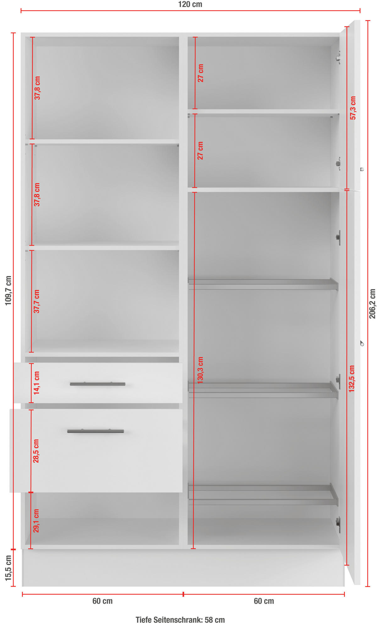 MEHRZWECKSCHRANK 120/206,2/58 cm  in Weiß  - Weiß, Basics, Holzwerkstoff (120/206,2/58cm) - Impuls