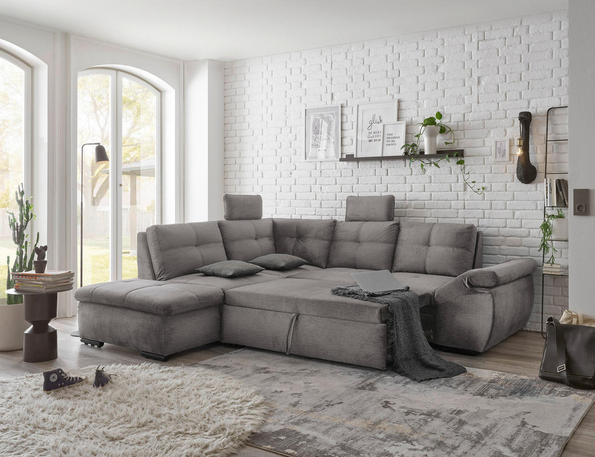 ECKSOFA in Mikrovelours Hellgrau  - Hellgrau/Schwarz, Konventionell, Kunststoff/Textil (217/265cm) - Carryhome
