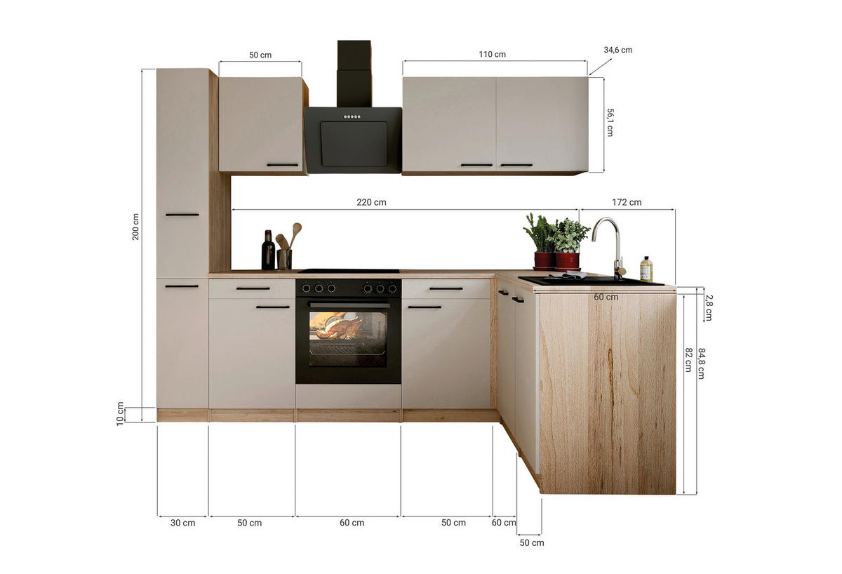 ECKKÜCHE Merle 250/172 cm  in Kaschmir  - Kaschmir/Eichefarben, Trend, Holzwerkstoff/Metall (250/172cm) - Respekta