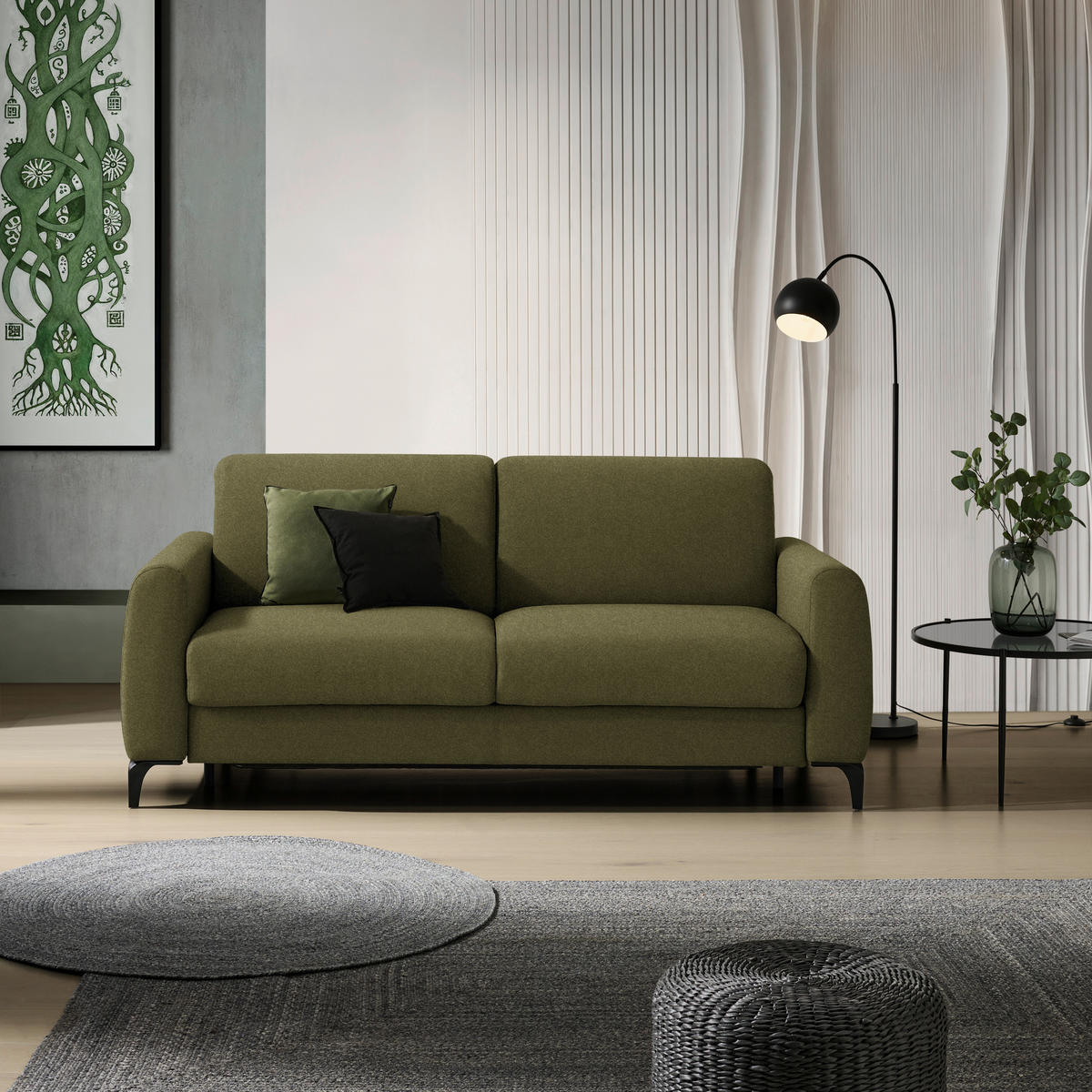 SCHLAFSOFA Flachgewebe Olivgrün  - Schwarz/Olivgrün, Konventionell, Holz/Textil (203/88/102cm) - Novel