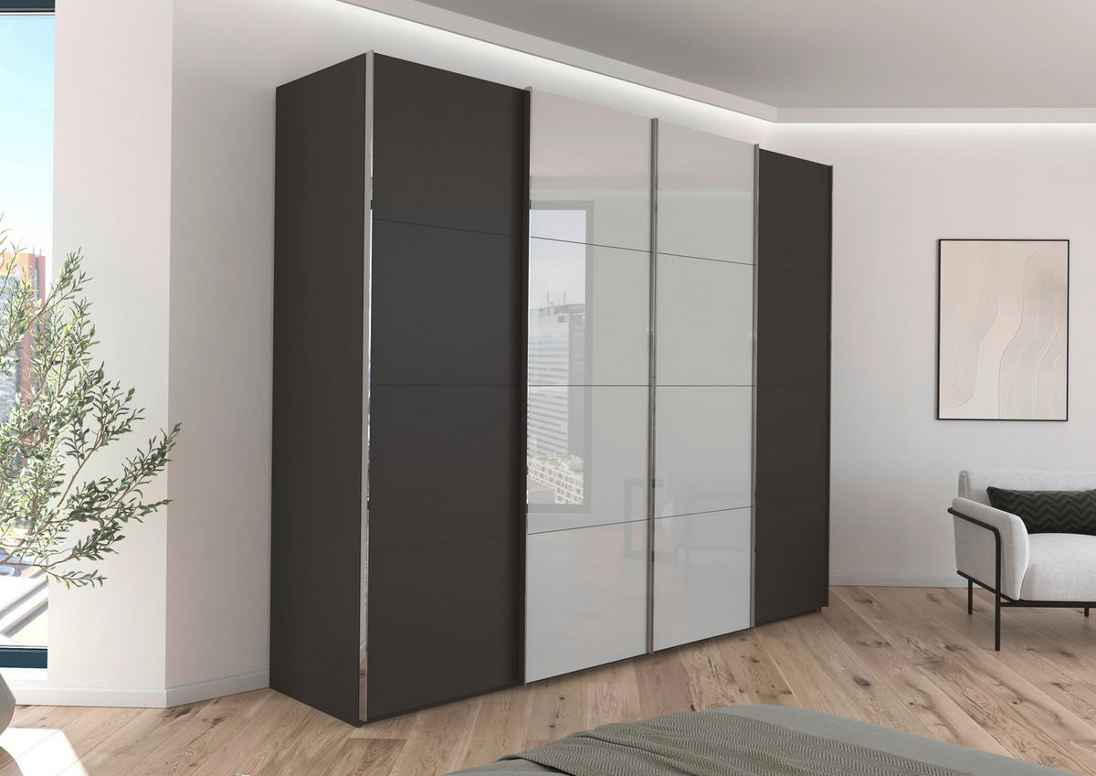 SCHWEBETÜRENSCHRANK 271/235/68 cm 4-türig Graphitfarben, Weiß  - Chromfarben/Graphitfarben, KONVENTIONELL, Glas/Holzwerkstoff (271/235/68cm) - Novel